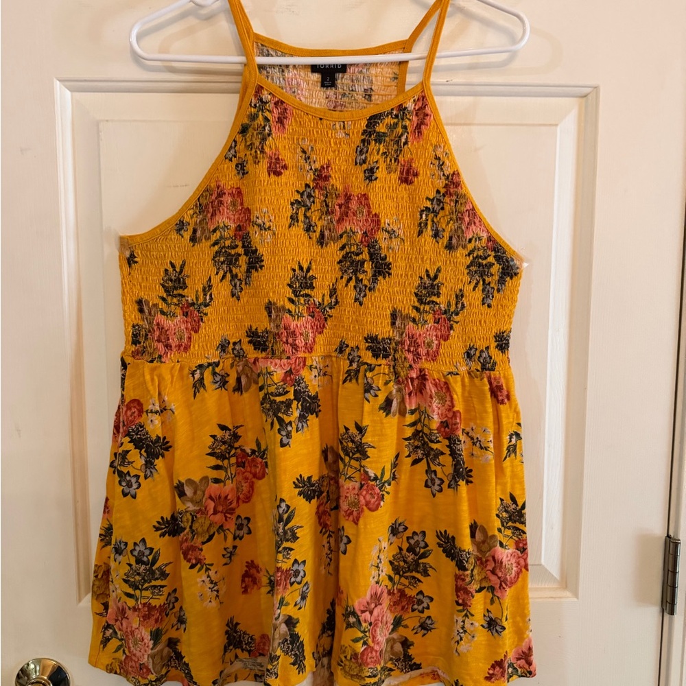 Torrid Yellow Floral Smocked Tank Top